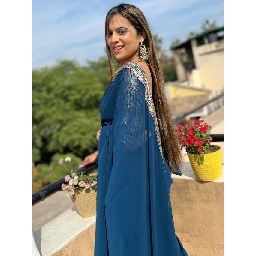 Satrani Women's Georgette Embroidery Lace Saree With Unstitched Blouse Piece (3148S109N_Navy Blue)