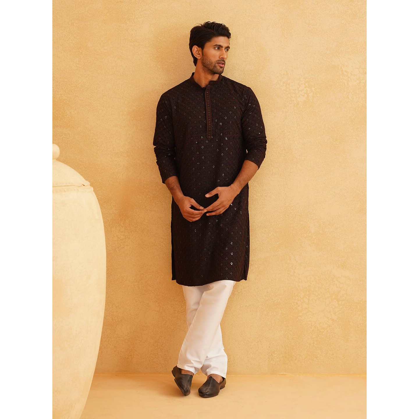 Sojanya (Since 1958 Men's Cotton Gold Embroidered Sequinned Brown Kurta With White Churidar Pyjama