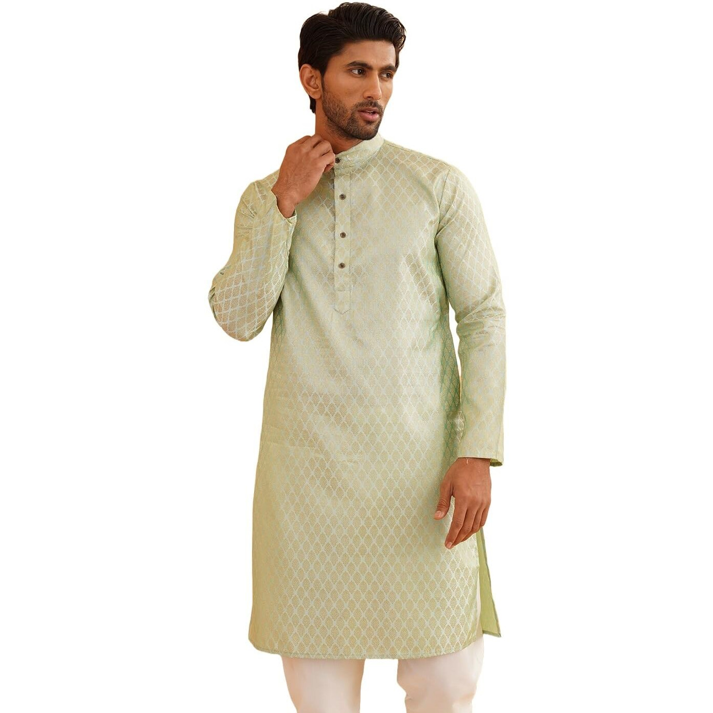 Sojanya (Since 1958 Men's Silk Blend Self Design Pista Green Only Long Kurta