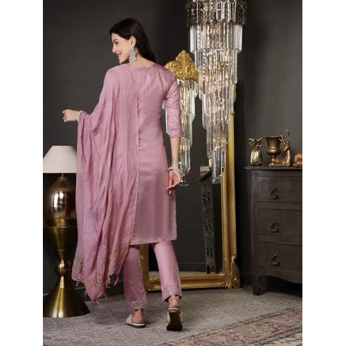 Stylum Women's Woven Design & Embroidered Silk Blend Straight Kurta Pant Dupatta Set (Kpdmalberrylazer38_Malberry, M)