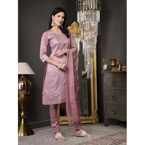 Stylum Women's Woven Design & Embroidered Silk Blend Straight Kurta Pant Dupatta Set (Kpdmalberrylazer38_Malberry, M)
