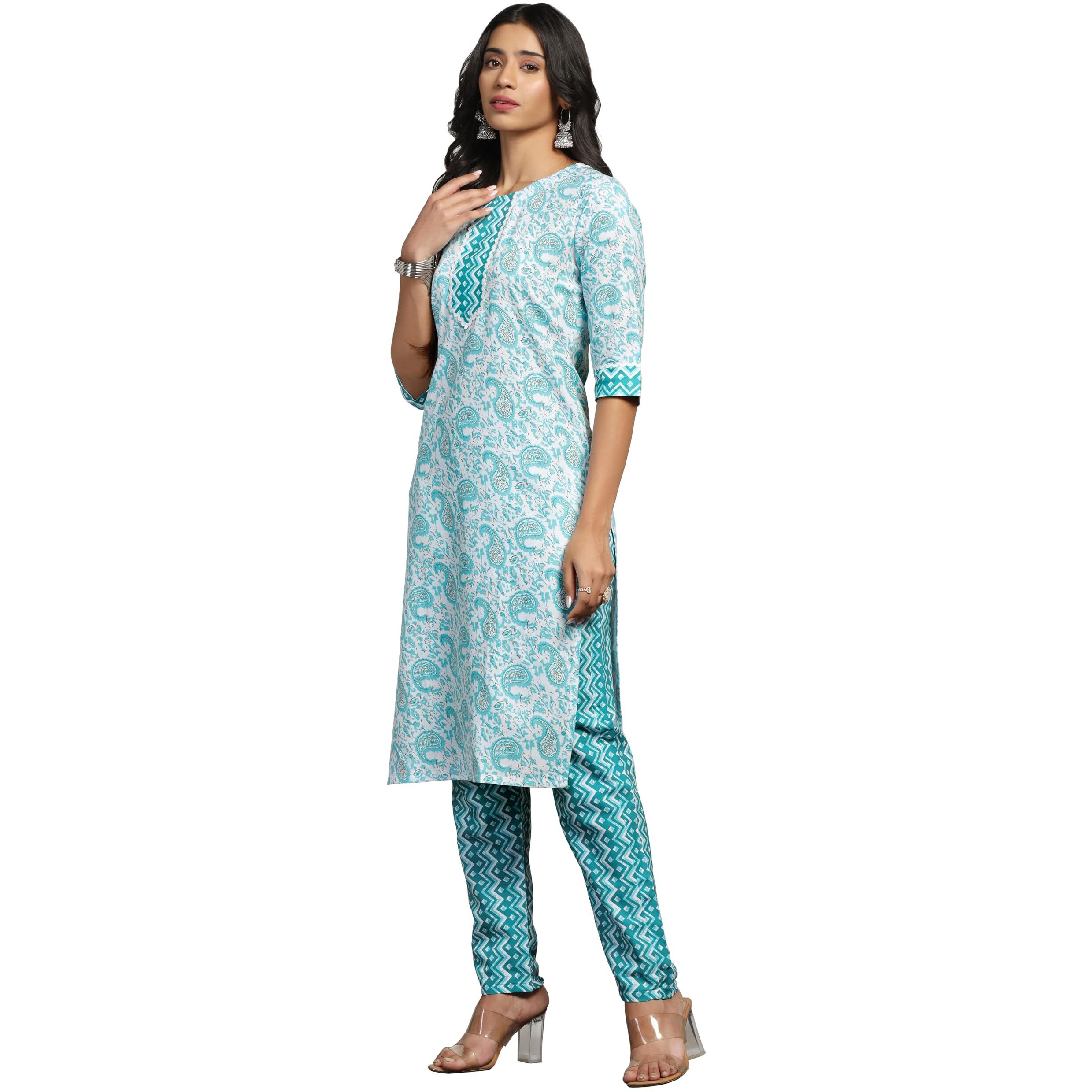 Tadkee Women Cotton Blend Printed Kurta With Pant (Nx-Plazzo-Pair-Zikzag-109-Aqua-L)
