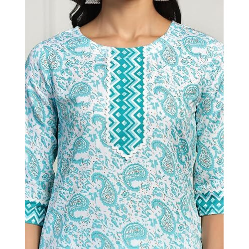 Tadkee Women Cotton Blend Printed Kurta With Pant (Nx-Plazzo-Pair-Zikzag-109-Aqua-L)