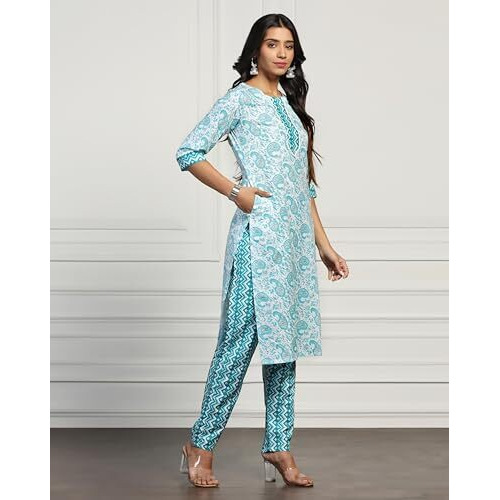 Tadkee Women Cotton Blend Printed Kurta With Pant (Nx-Plazzo-Pair-Zikzag-109-Aqua-L)
