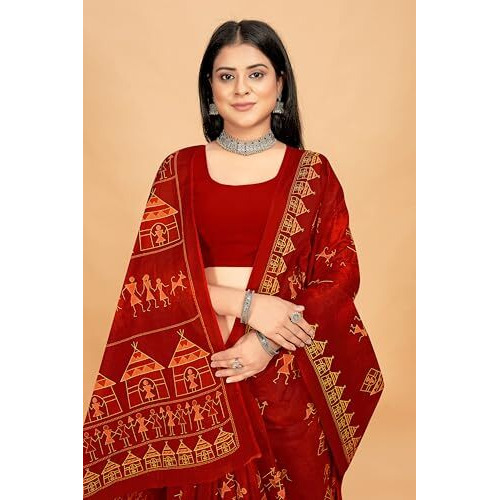 Tamaira Fashion Women's Warli Printed Pure Cotton Mulmul Saree Without Blouse Piece(11582_Rustorange)