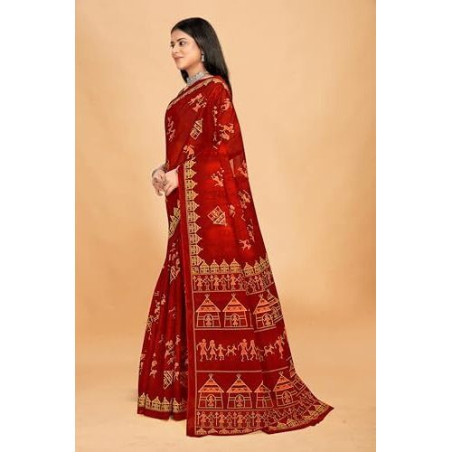 Tamaira Fashion Women's Warli Printed Pure Cotton Mulmul Saree Without Blouse Piece(11582_Rustorange)