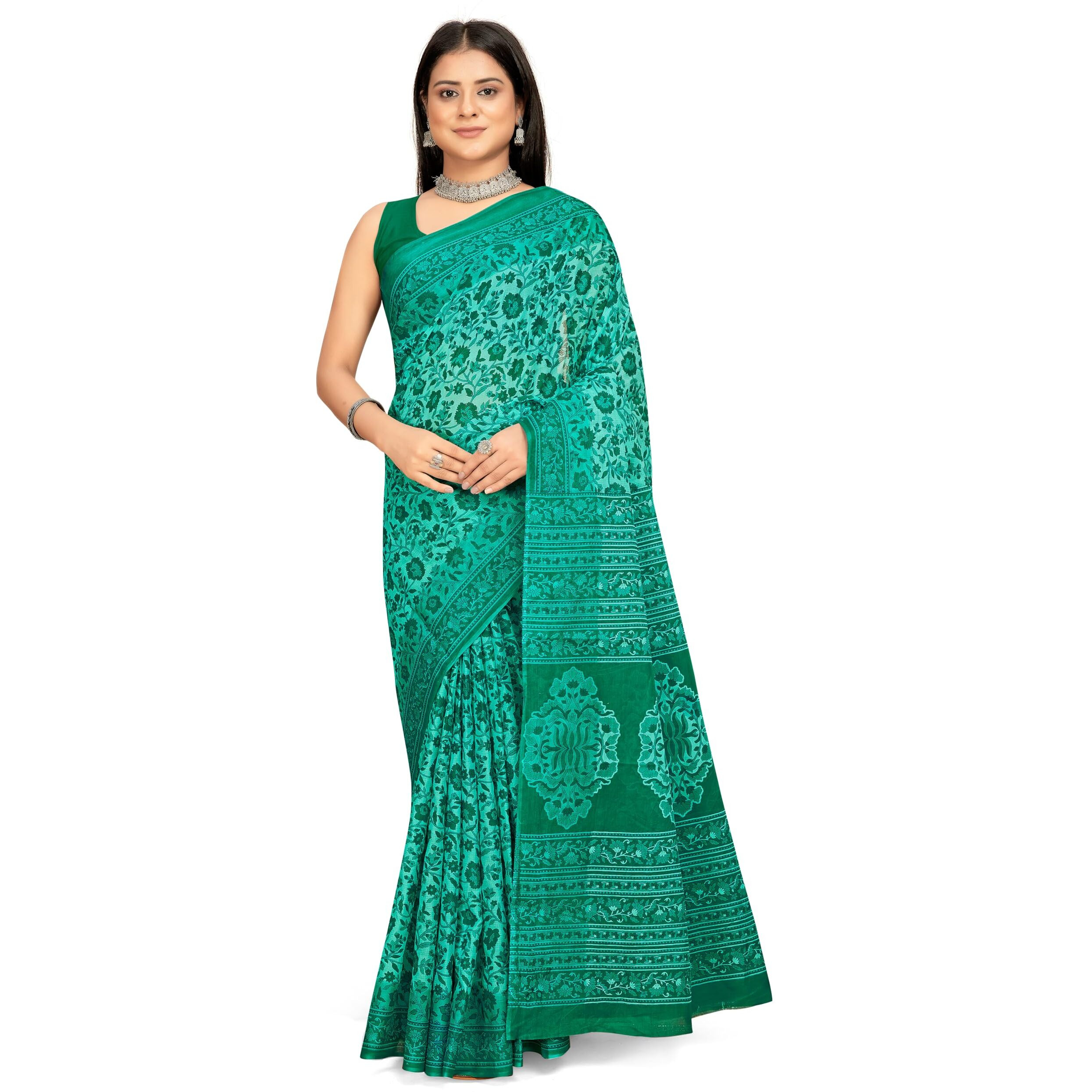 Tamaira Fashion Women's Floral Printed Pure Cotton Mulmul Saree Without Blouse Piece(2545_Seagreen)