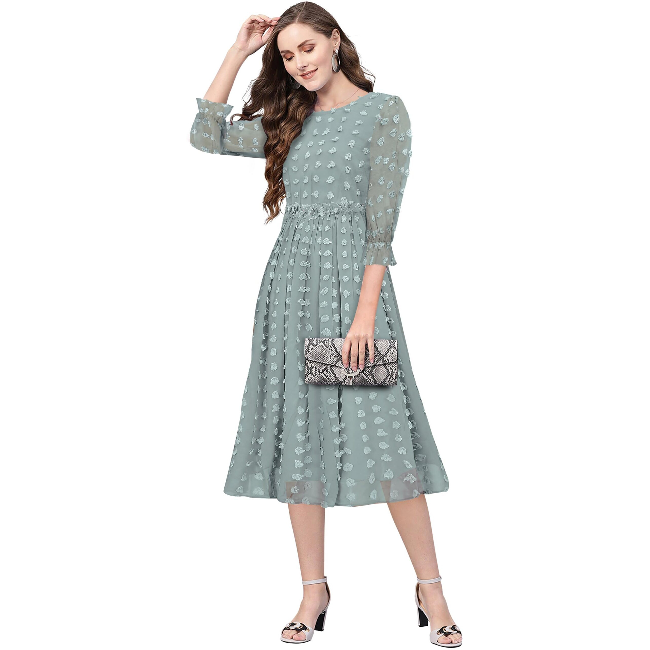 Toochki Women's Sea Green Dobby Georgette Woven Fit & Flared Western Dress | Dress For Women | A Line Dress | Winter Dress | Western Dress | Latest Women Dress | Trendy Dress | Midi Dress
