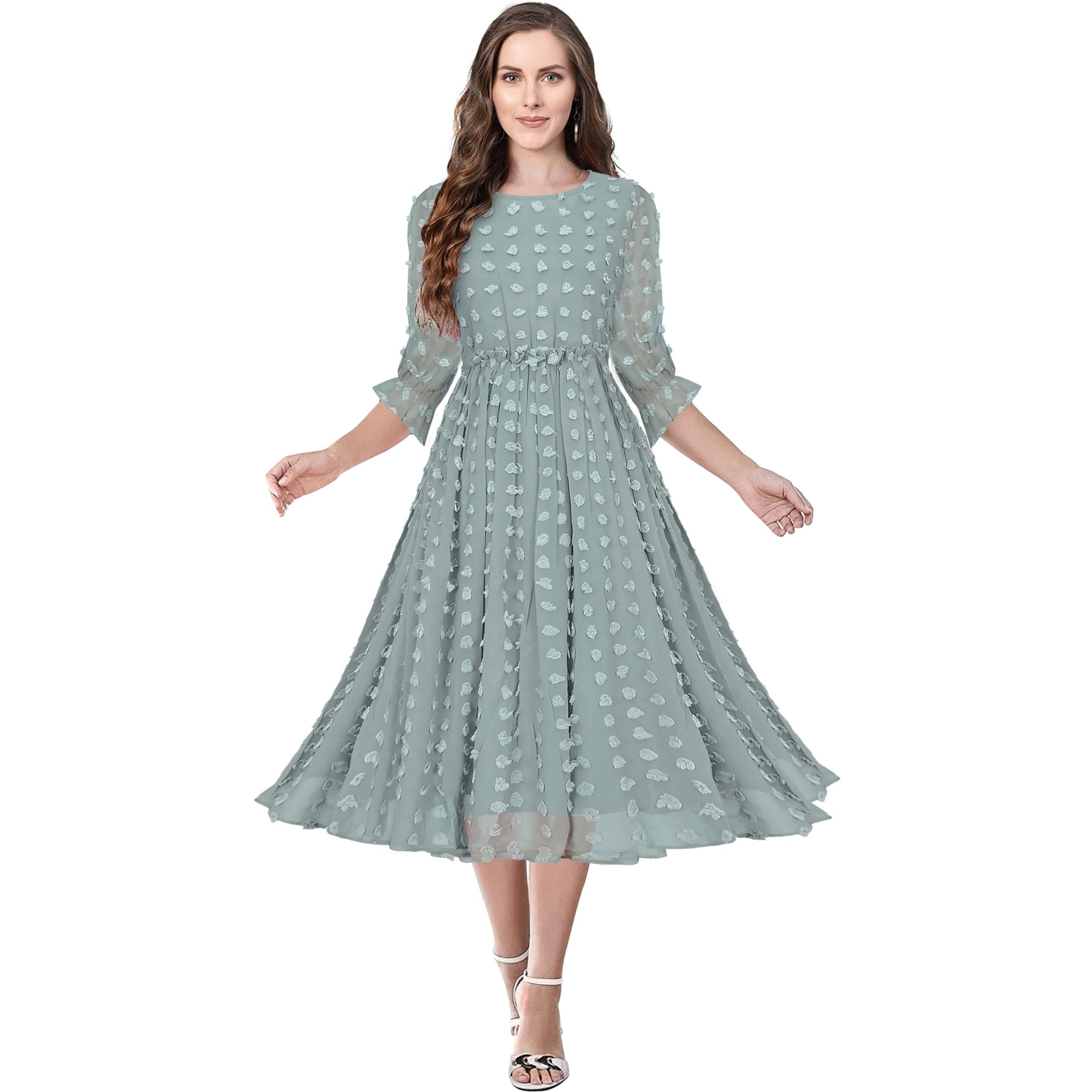 Toochki Women's Sea Green Dobby Georgette Woven Fit & Flared Western Dress | Dress For Women | A Line Dress | Winter Dress | Western Dress | Latest Women Dress | Trendy Dress | Midi Dress