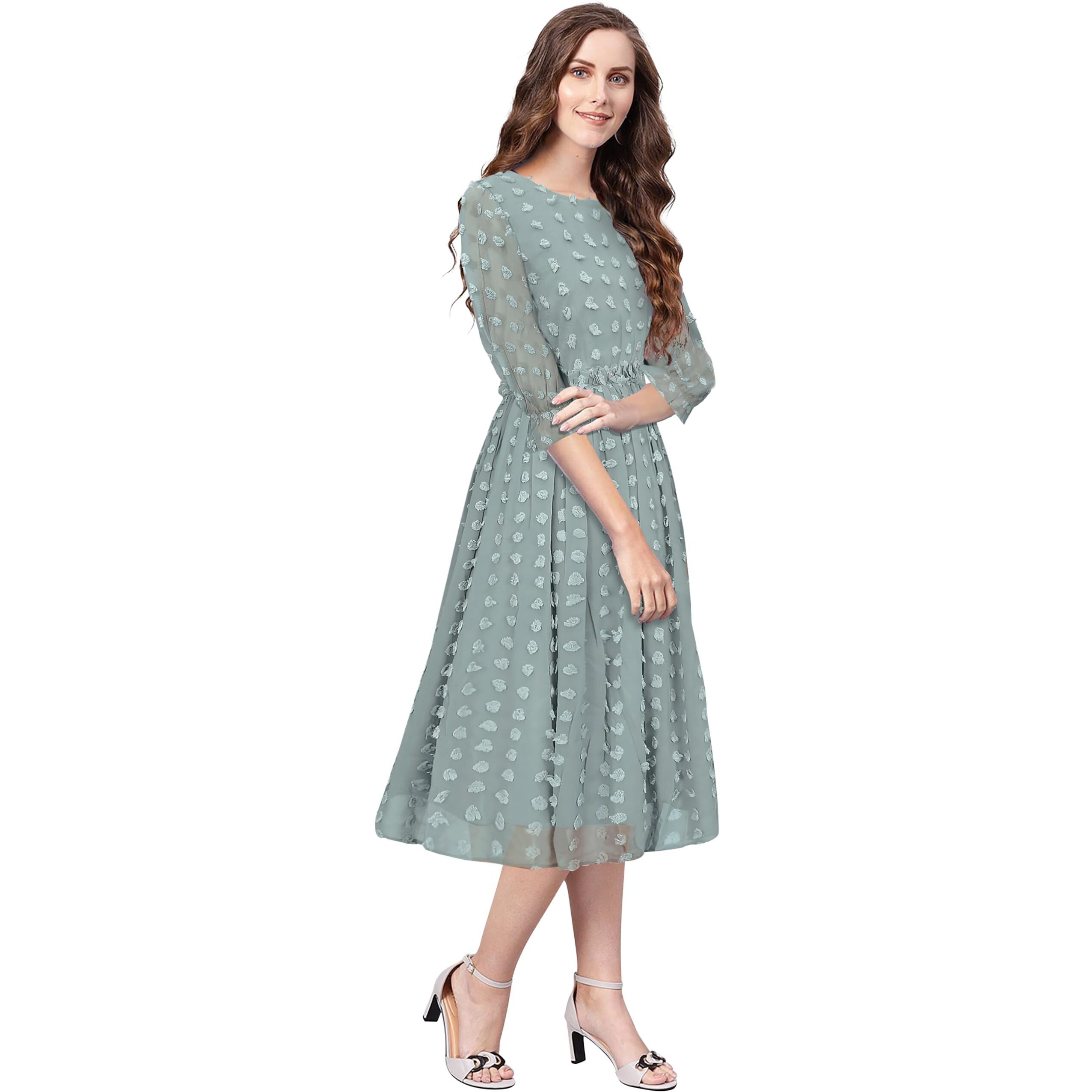 Toochki Women's Sea Green Dobby Georgette Woven Fit & Flared Western Dress | Dress For Women | A Line Dress | Winter Dress | Western Dress | Latest Women Dress | Trendy Dress | Midi Dress