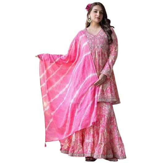 Varanga Women Pink Floral Printed Mirror Work Anarkali Kurta With Sharara And Dupatta