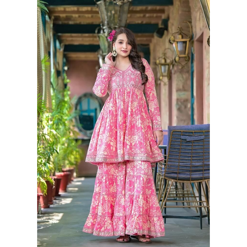 Varanga Women Pink Floral Printed Mirror Work Anarkali Kurta With Sharara And Dupatta