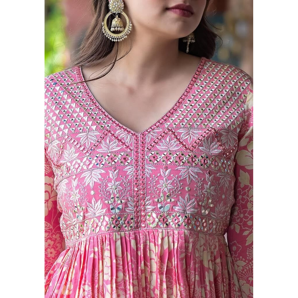 Varanga Women Pink Floral Printed Mirror Work Anarkali Kurta With Sharara And Dupatta