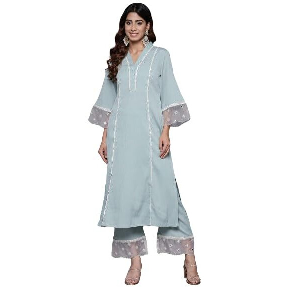 Varanga Women Sea Green Organza And Lace Detailed Kurta Set