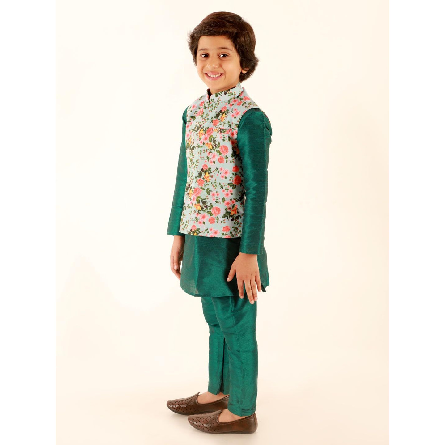 Jbn Creation Boys Silk Blend Green Dupian Silk Kurta, Pyjama And Floral Printed Nehru Jacket Set (B695)