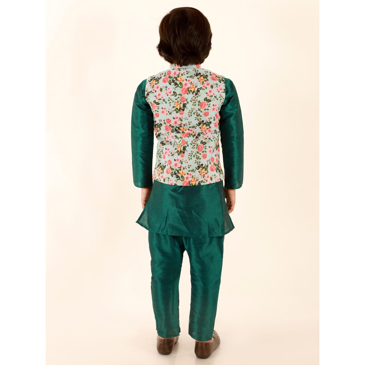 Jbn Creation Boys Silk Blend Green Dupian Silk Kurta, Pyjama And Floral Printed Nehru Jacket Set (B695)