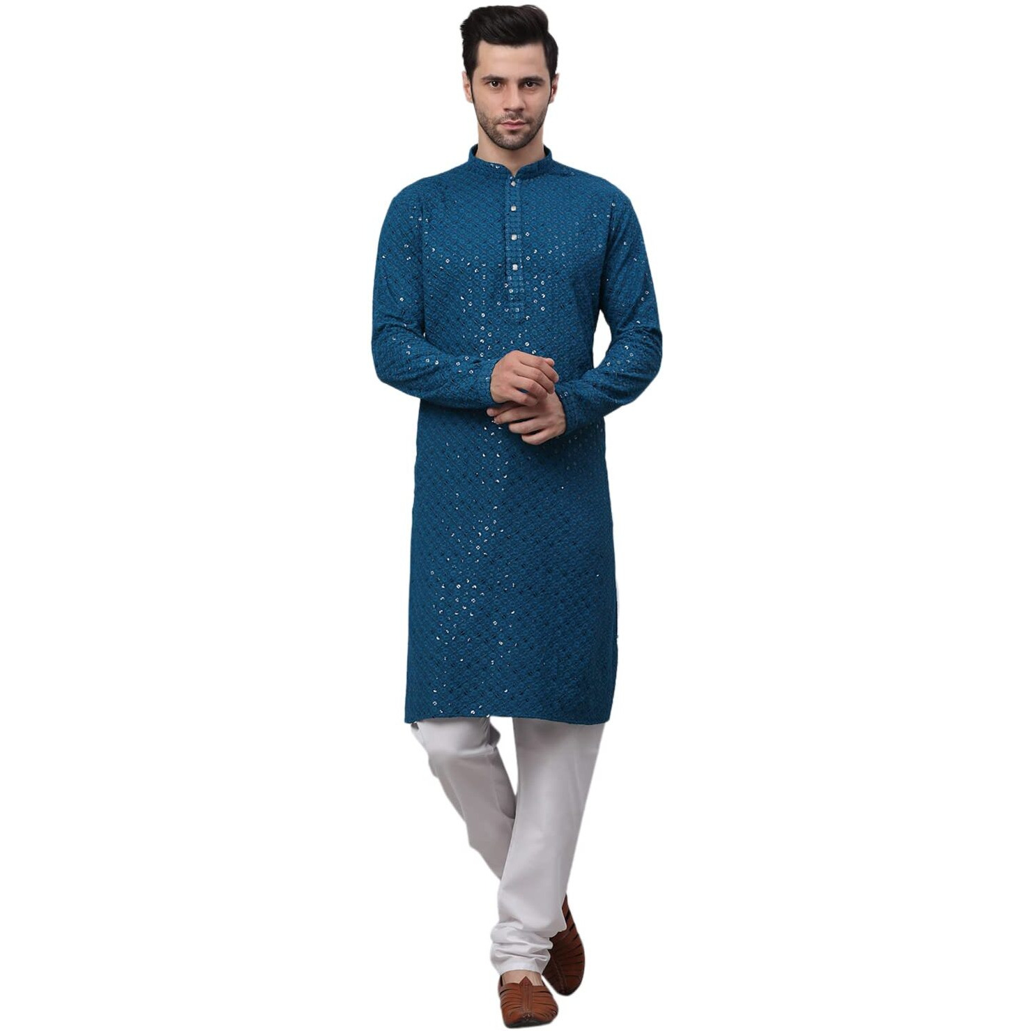 Jompers Men's Blue Chikankari Embroidered And Sequence Kurta With Churidar (Peacock,S)