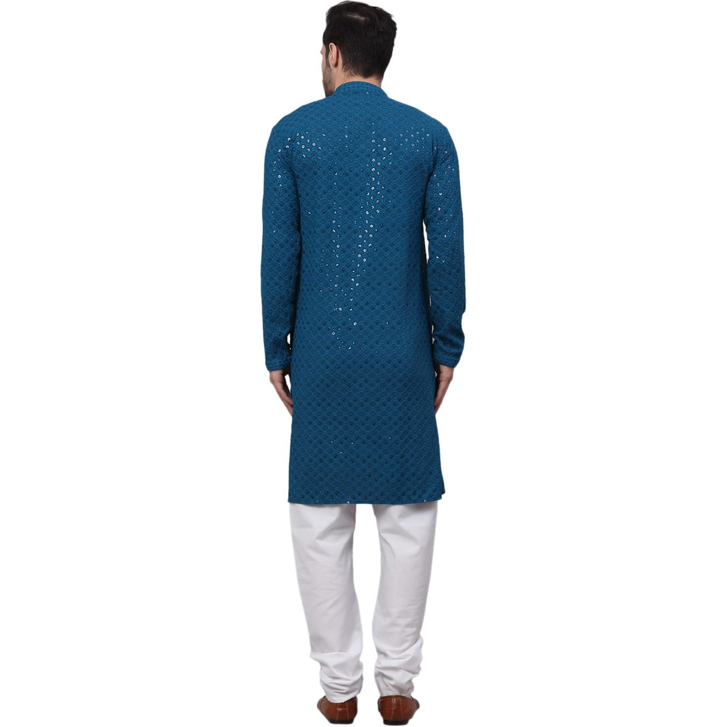 Jompers Men's Blue Chikankari Embroidered And Sequence Kurta With Churidar (Peacock,S)