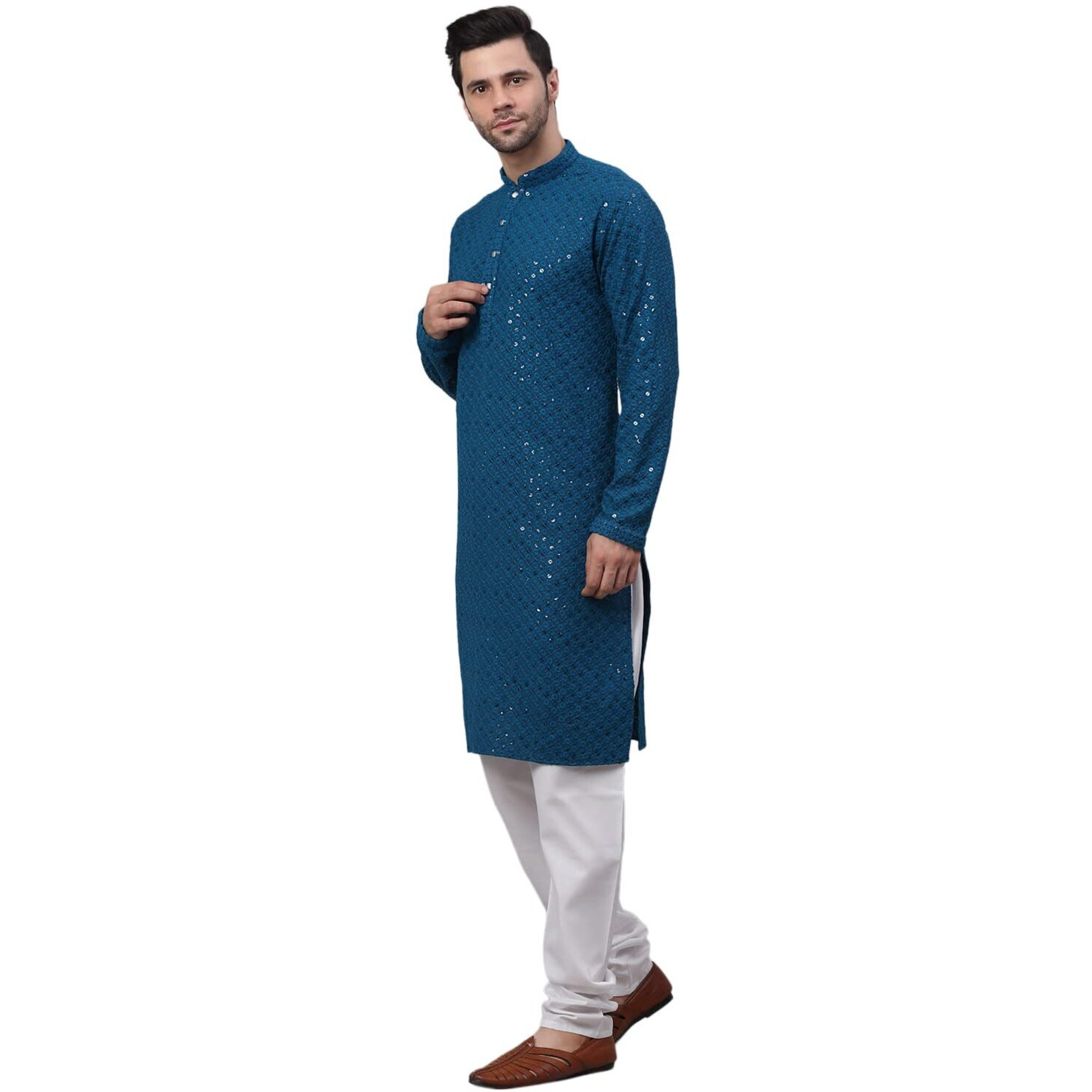 Jompers Men's Blue Chikankari Embroidered And Sequence Kurta With Churidar (Peacock,S)