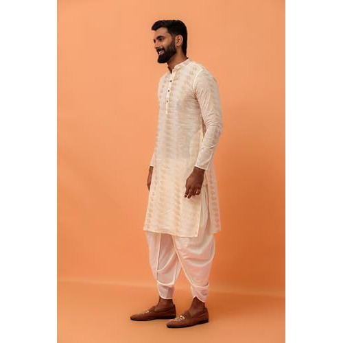 Kisah Men Pearl White Geometric Embellished Kurta Full Sleaves, Knee Length, Straight, Regular Fit, Mandarin Collar Ethnic Casual Wear