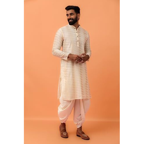 Kisah Men Pearl White Geometric Embellished Kurta Full Sleaves, Knee Length, Straight, Regular Fit, Mandarin Collar Ethnic Casual Wear