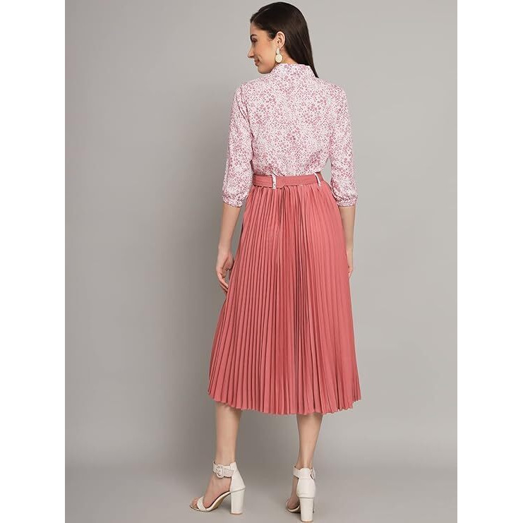 Kzully | Elegant A-Line Dress Collared V-Neck Top, Pleated Skirt With Elastic Waist, Includes Belt Peach