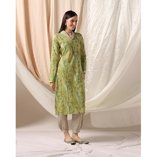 Leriya Fashion Cotton Blend Floral Foil Printed Indian Ethnic Kurta With Pant Set For Women Fancy Patiyala Pant Set For Traditional Ceremony Party Office Wear Kurti Set (Medium, Green)