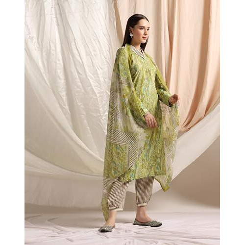 Leriya Fashion Women's Cotton Blend Multi Floral Foil Printed Ethnic Straight Shawl Collar Kurta & Patiyala Style Pant With Dupatta Set For Function Festival Office Wear Kurti Set (Medium, Green)