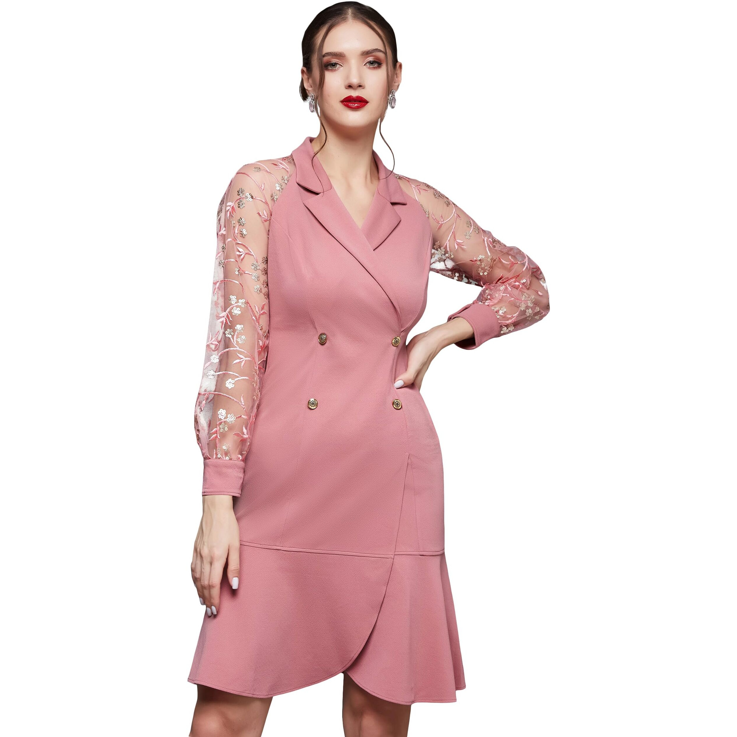 Miss Chase Women's Solid Embroidered Double Breasted Knee Length Dress(Mcss23D98-36-234-06, Pink, Xl)