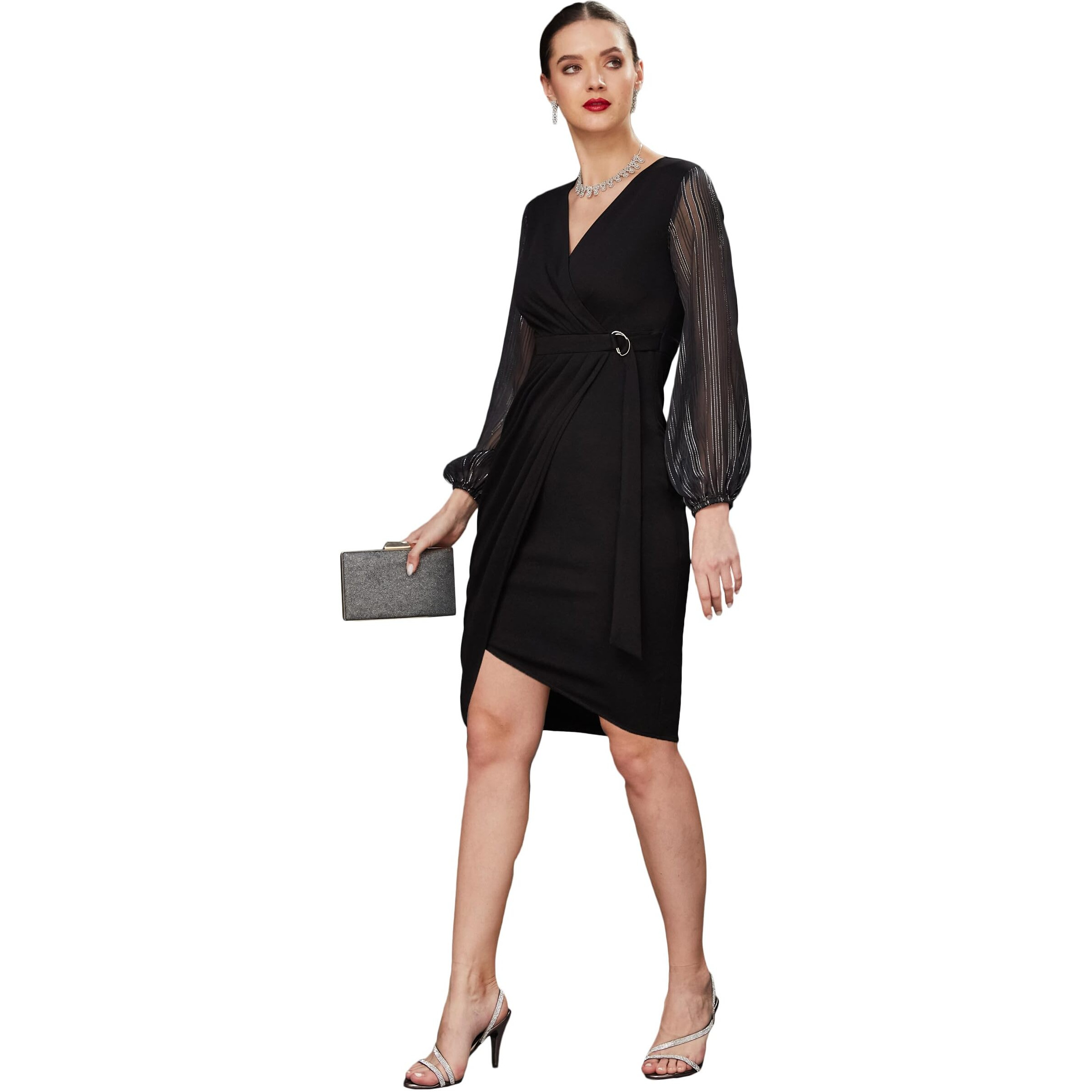 Miss Chase Women's Solid V Neck Bishop Sleeves Front Pocketed Polyester Wrap Knee Length Dress (Plus (Mcss23D16-41-62-03, Black, S)