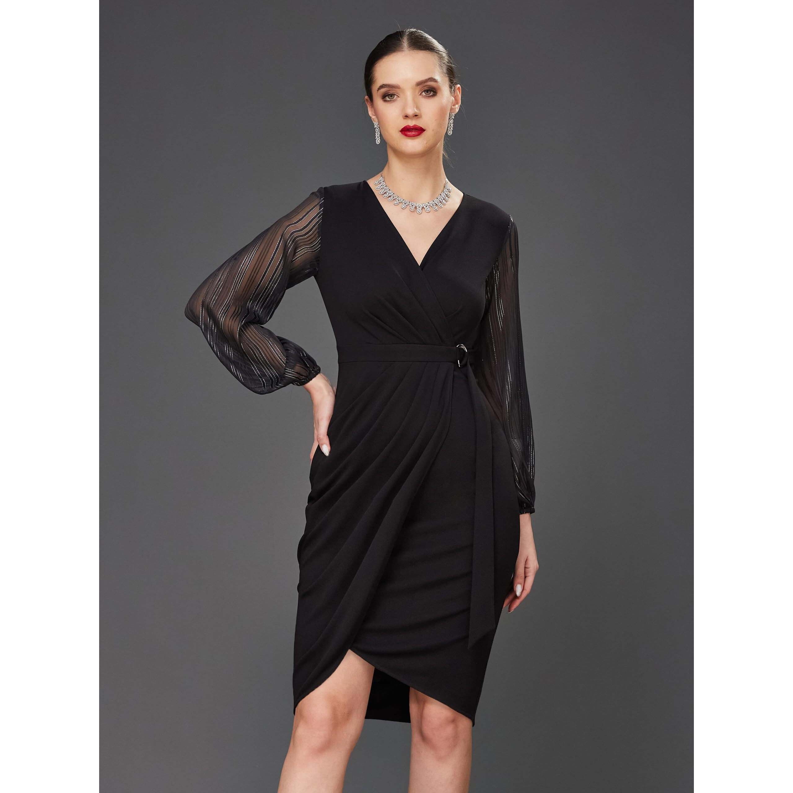 Miss Chase Women's Solid V Neck Bishop Sleeves Front Pocketed Polyester Wrap Knee Length Dress (Plus (Mcss23D16-41-62-03, Black, S)