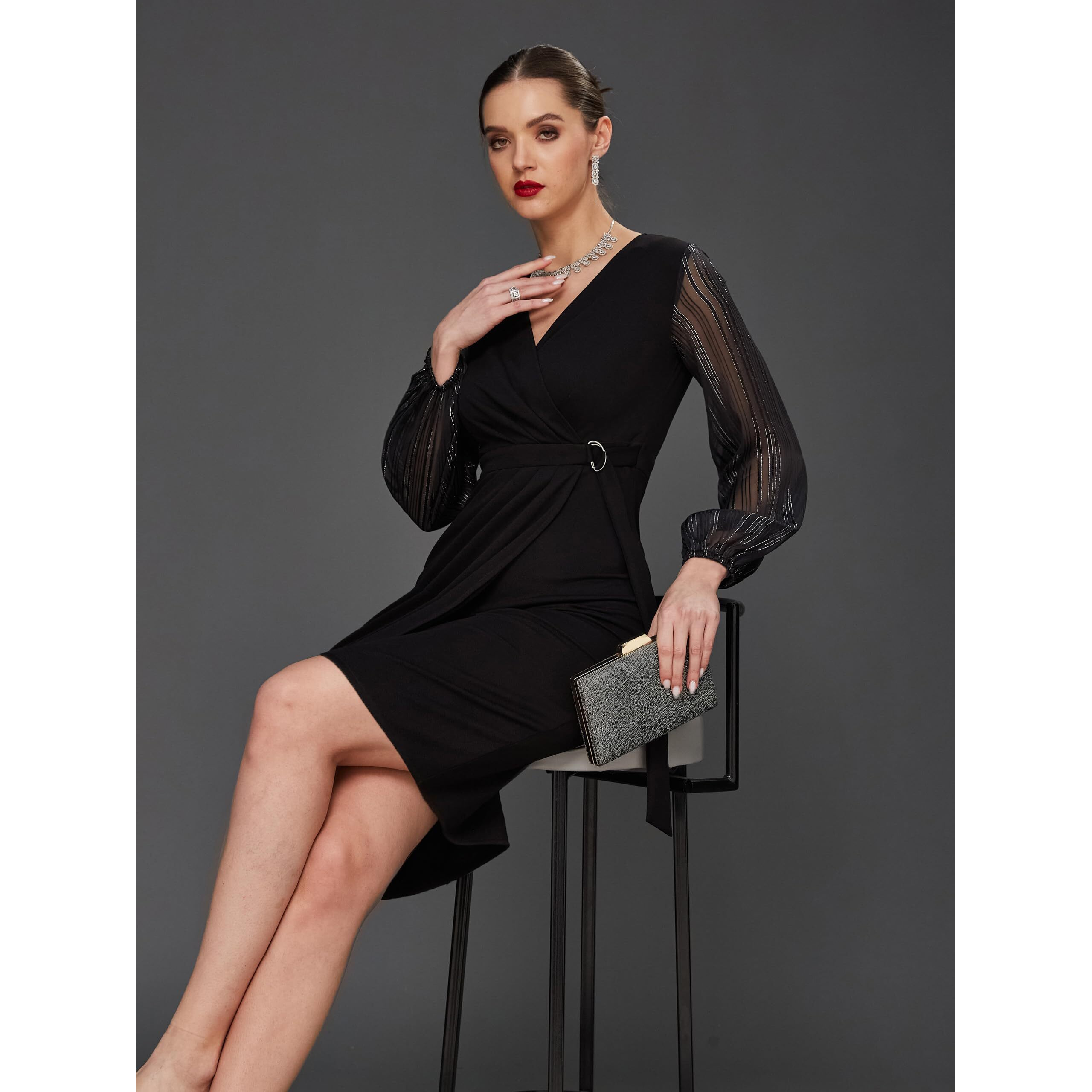 Miss Chase Women's Solid V Neck Bishop Sleeves Front Pocketed Polyester Wrap Knee Length Dress (Plus (Mcss23D16-41-62-03, Black, S)