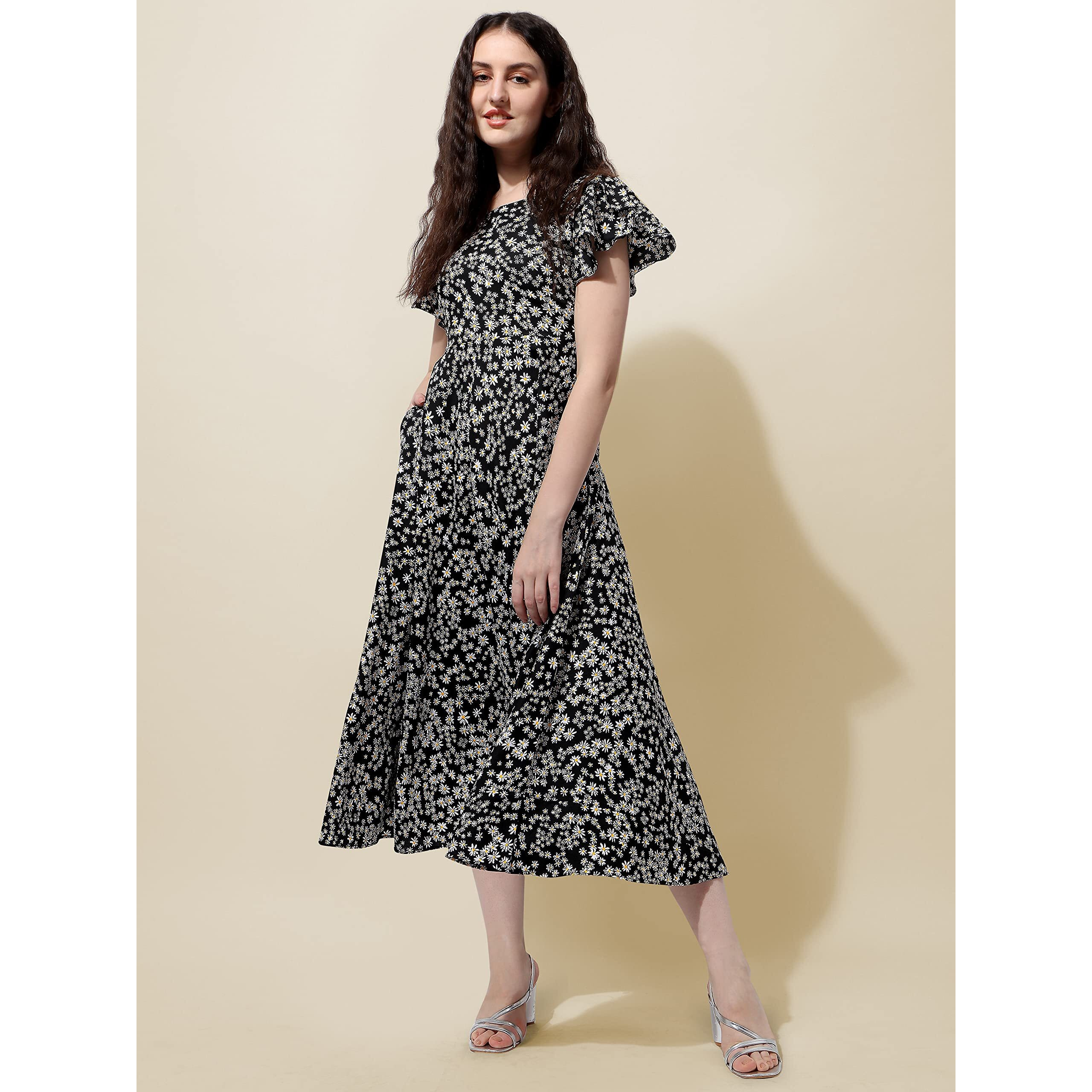 Oomph Dress For Women Stylish | One Piece For Women Long | Trendy Long One Piece Summer Outfit | Lightweight Flared Maxi Dress For Casual & Holiday Wear Black