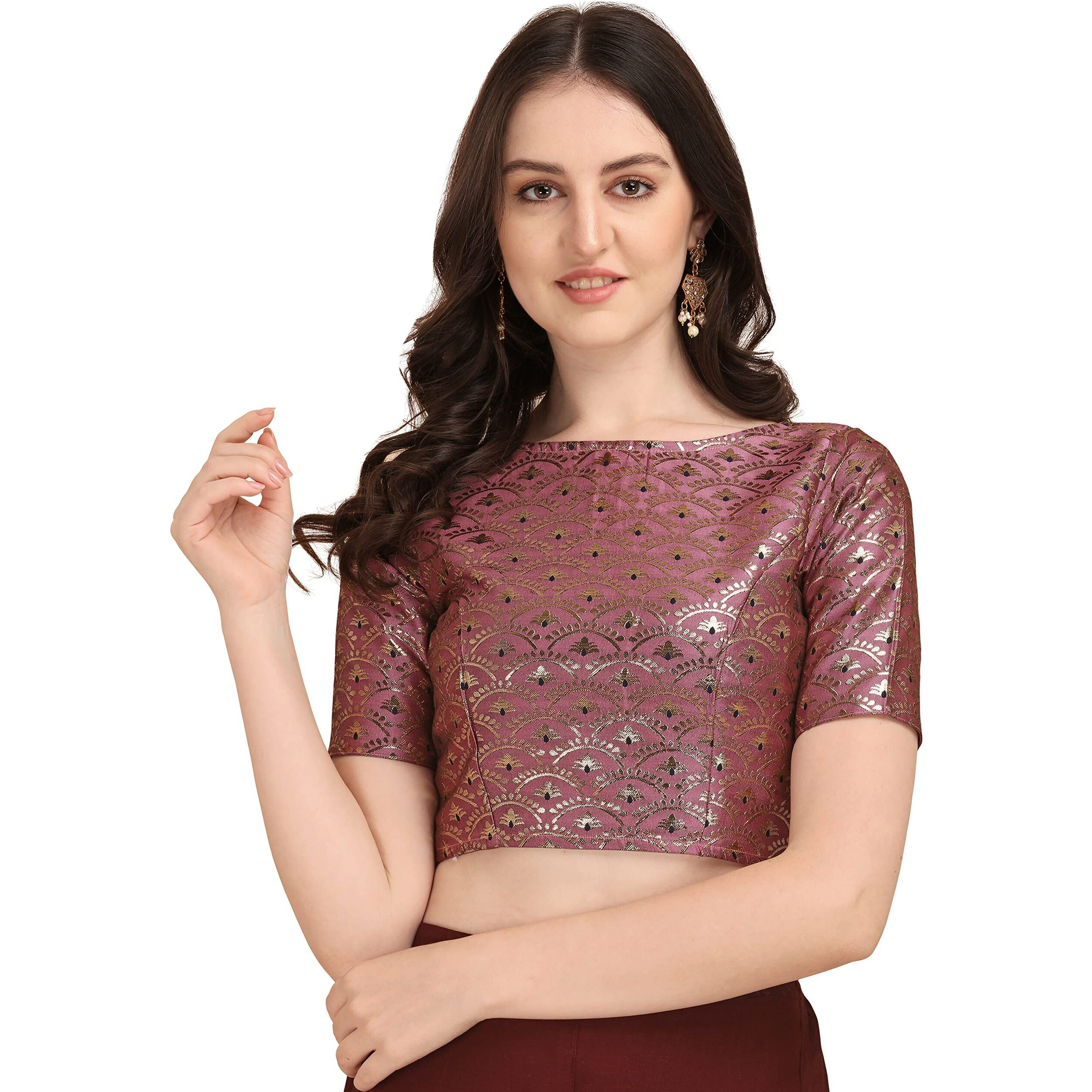 Oomph Women's Indian Ethnic Wear Designer Zari Work Boat Neck Half Sleeve Onion Pink Color Blouse For Saree Or Lehnga And Palazzos Or Skirts For A Fusion Twist.