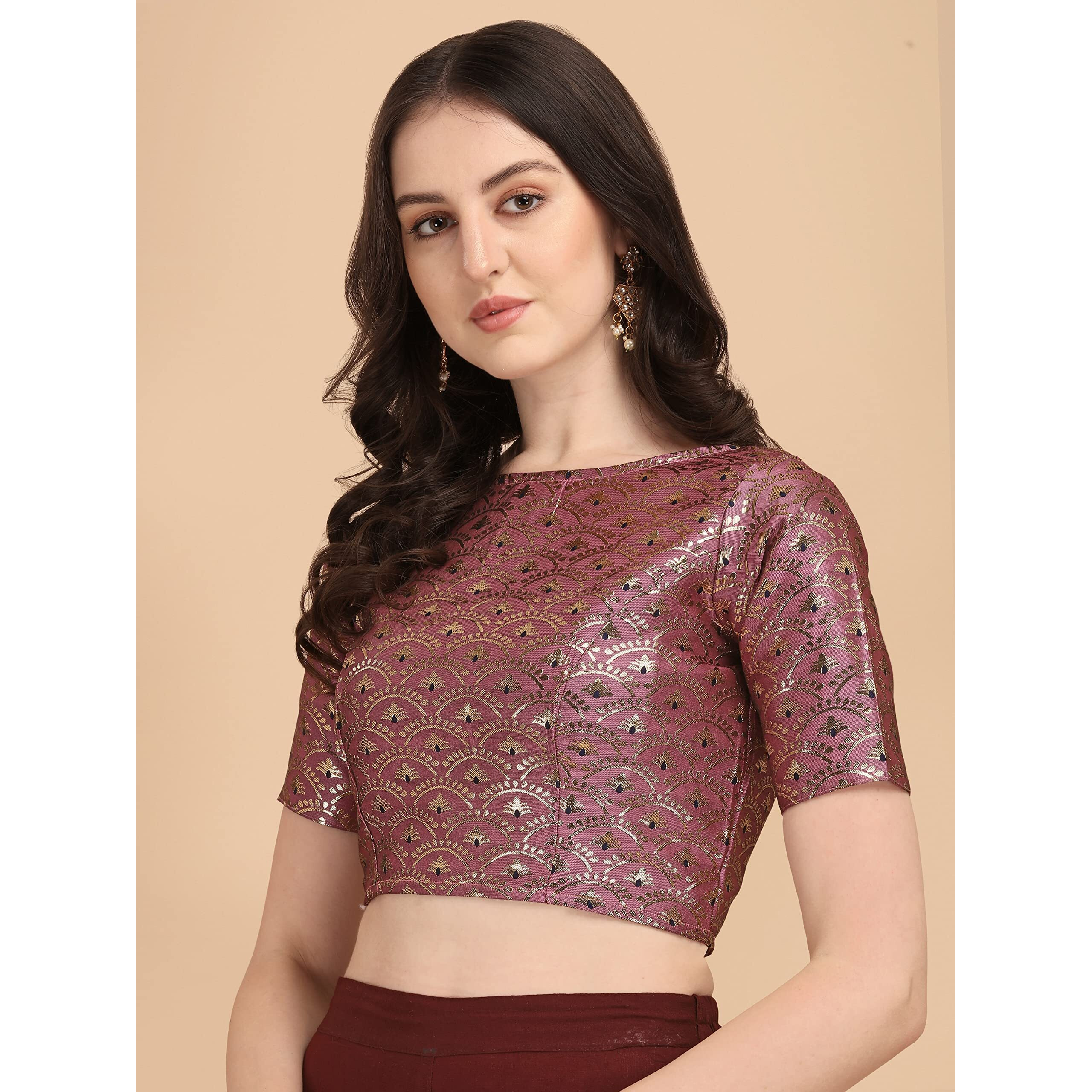 Oomph Women's Indian Ethnic Wear Designer Zari Work Boat Neck Half Sleeve Onion Pink Color Blouse For Saree Or Lehnga And Palazzos Or Skirts For A Fusion Twist.