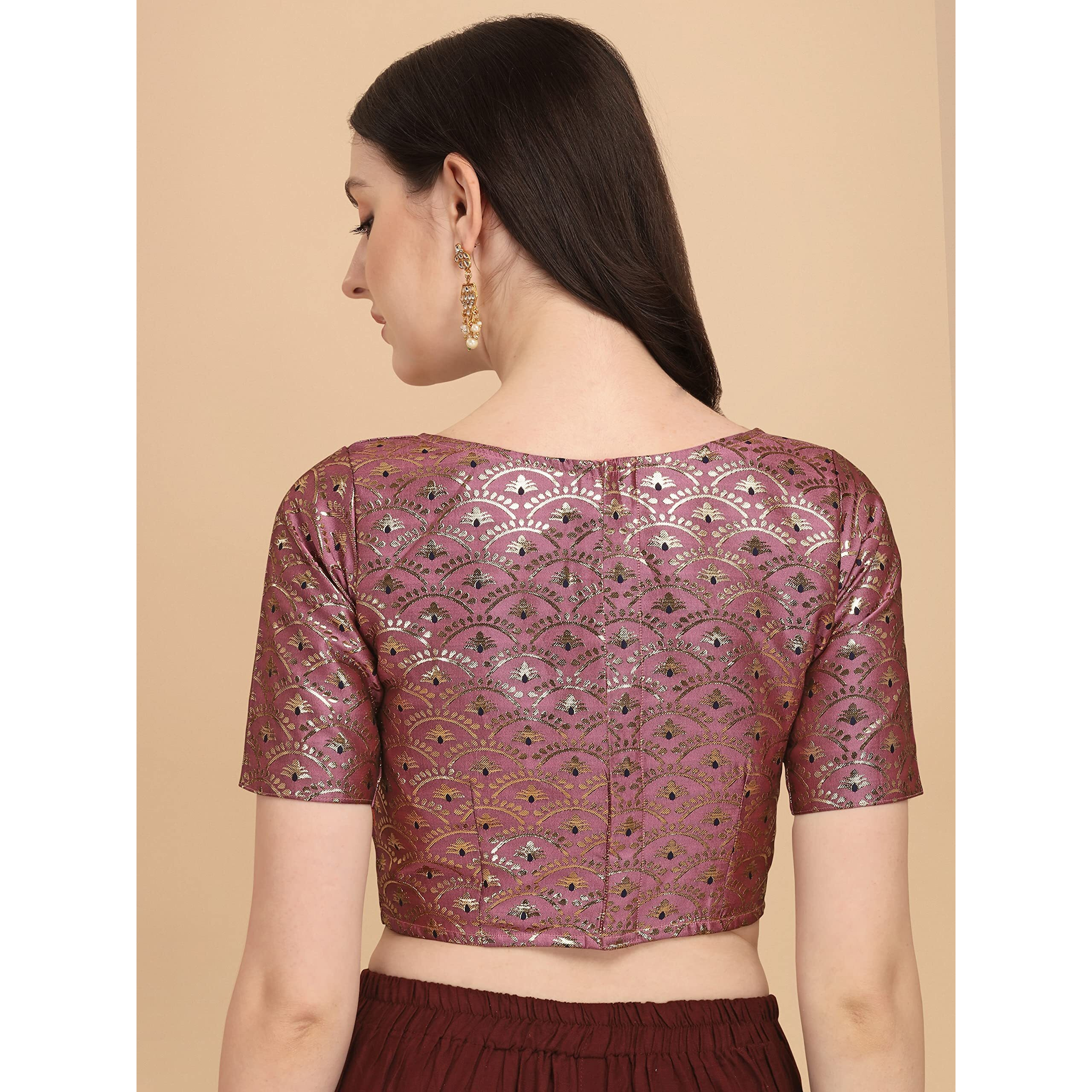 Oomph Women's Indian Ethnic Wear Designer Zari Work Boat Neck Half Sleeve Onion Pink Color Blouse For Saree Or Lehnga And Palazzos Or Skirts For A Fusion Twist.