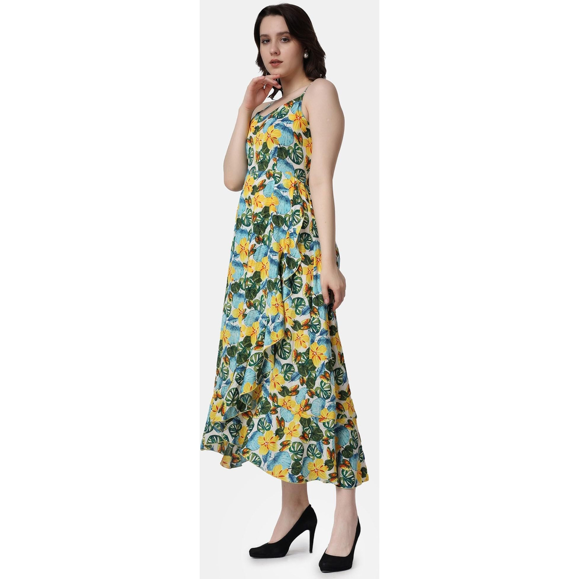 Popwings Multicolored Floral Printed Maxi Length Fit & Flare Dress For Women || Summer Sleeveless Dress For Women Western
