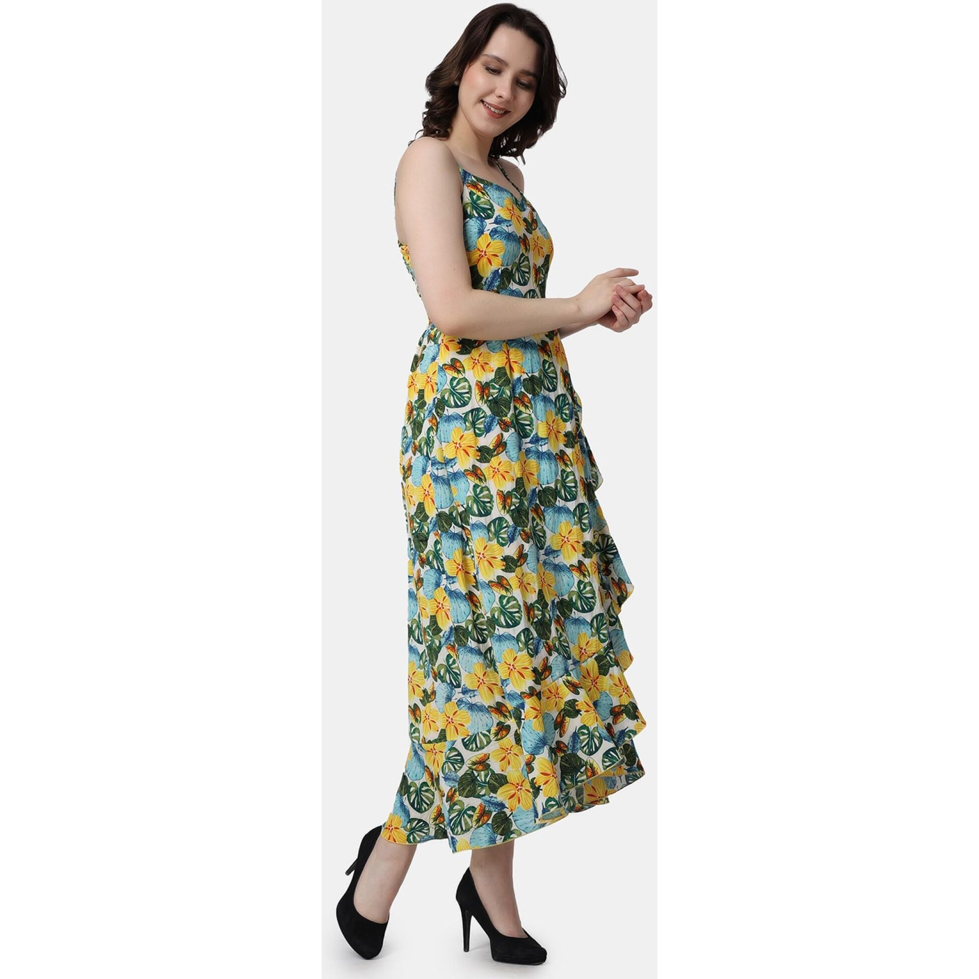 Popwings Multicolored Floral Printed Maxi Length Fit & Flare Dress For Women || Summer Sleeveless Dress For Women Western