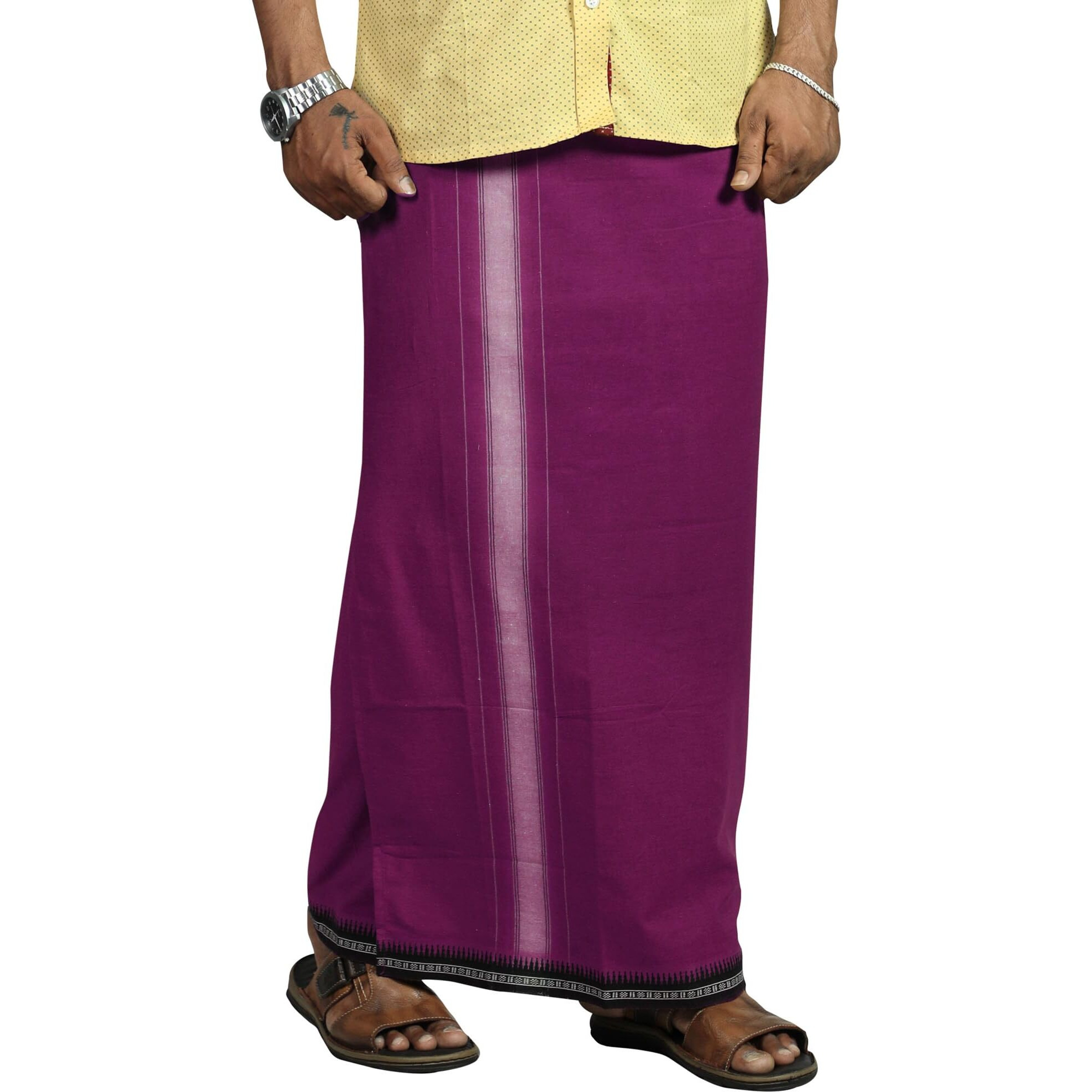 Prakasam Cotton Mens Cotton Kerala Thalapathi Border Welcro Pocket Dhoti (L- Size Dhoti) / Violet Colour Thalapathi Adjustable Pocket Dhoties For Mens