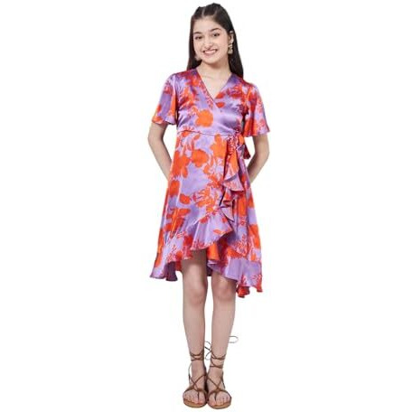 Pspeaches Girl's Floral Printed Flutter Sleeve Satin Wrap Dress Purple Color Stylish & Trendy (14-15Years)