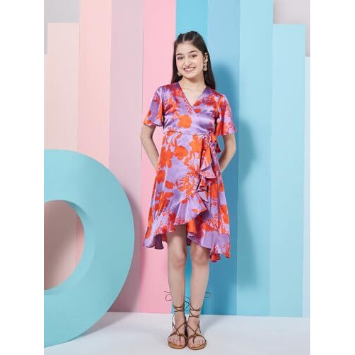 Pspeaches Girl's Floral Printed Flutter Sleeve Satin Wrap Dress Purple Color Stylish & Trendy (14-15Years)