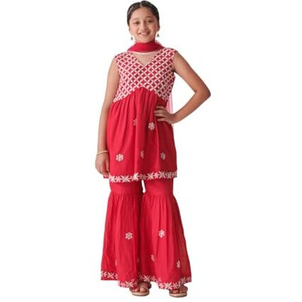 Pspeaches Girl's Silk Blend Sharara Set (Sha-Redchikankari-15-16Y_Red