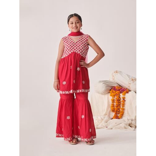 Pspeaches Girl's Silk Blend Sharara Set (Sha-Redchikankari-15-16Y_Red