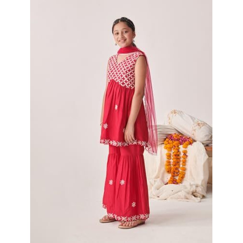 Pspeaches Girl's Silk Blend Sharara Set (Sha-Redchikankari-15-16Y_Red
