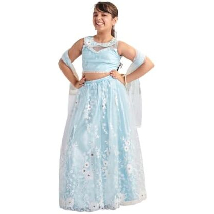 Pspeaches Girl's Net 1 Lehenga, 1 Choli, 1 Dupatta (L-Bluenetemb-6- Blue_6-7Y)