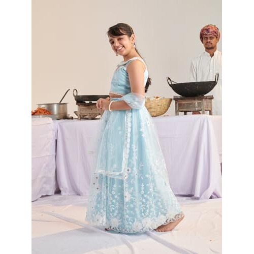 Pspeaches Girl's Net 1 Lehenga, 1 Choli, 1 Dupatta (L-Bluenetemb-6- Blue_6-7Y)
