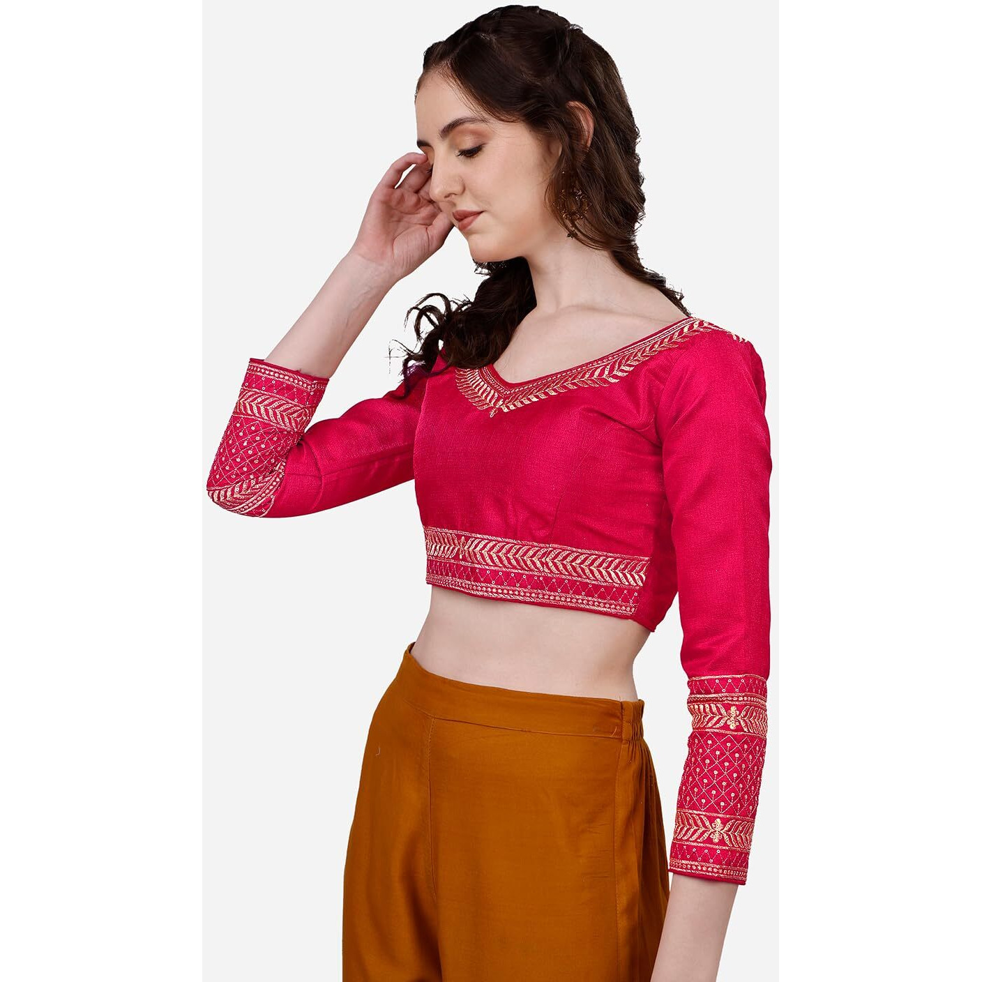 Pujia Mills Women's Milan Silk Heavy Embroidery With Sequins Worked Full Sleeve Fancy Saree Blouse Pink(Charlie Pink)