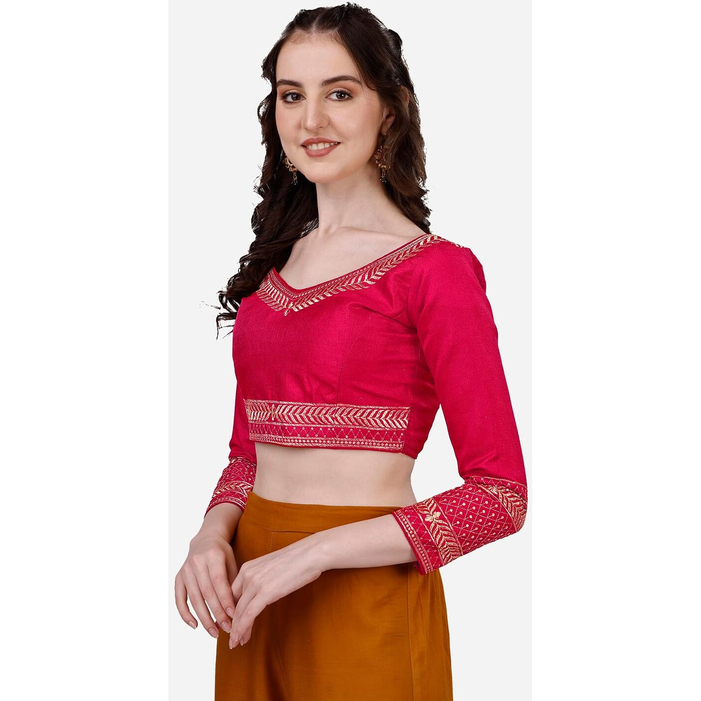 Pujia Mills Women's Milan Silk Heavy Embroidery With Sequins Worked Full Sleeve Fancy Saree Blouse Pink(Charlie Pink)