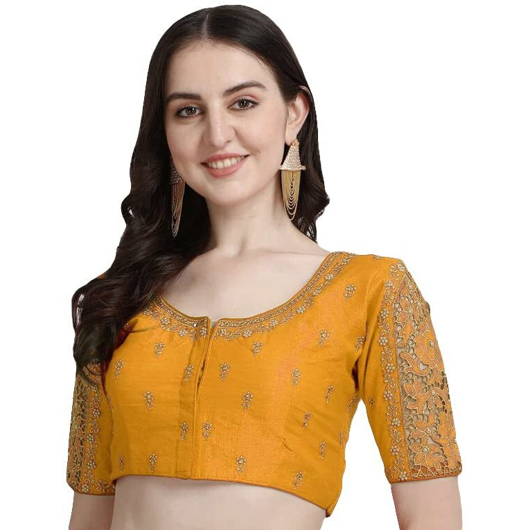 Pujia Mills Women's Flower Embroidery Sleeves Cut Work Readymade Saree Blouse Womens Blouse Readymade Saree Blouse For Women Round Neck Fancy Blouses For Women (Gulab Rose Yellow 38)