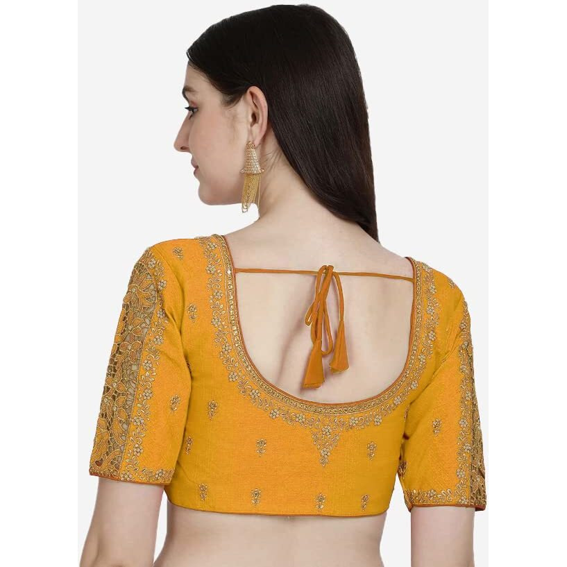 Pujia Mills Women's Flower Embroidery Sleeves Cut Work Readymade Saree Blouse Womens Blouse Readymade Saree Blouse For Women Round Neck Fancy Blouses For Women (Gulab Rose Yellow 38)